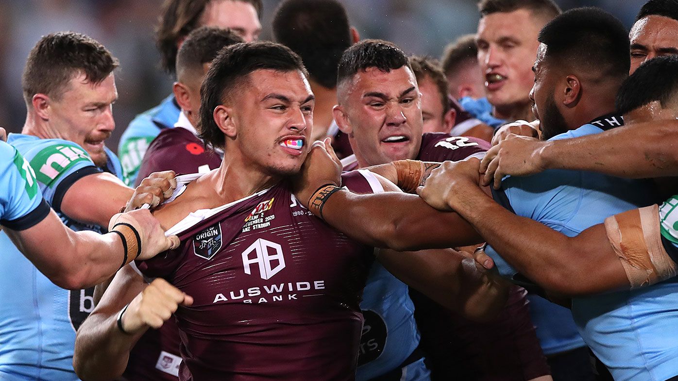 Tino Fa&#x27;asuamaleaui of the Maroons and Payne Haas of the Blues scuffle during game two of the 2020 State of Origin series