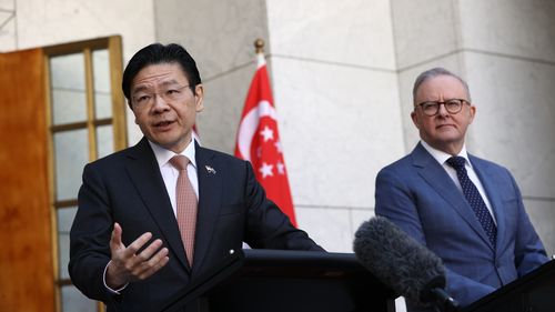 Prime Minister Anthony Albanese and Prime Minister of Singapore Lawrence Wong during a press conference at Parliament House in Canberra on October 8, 2025.