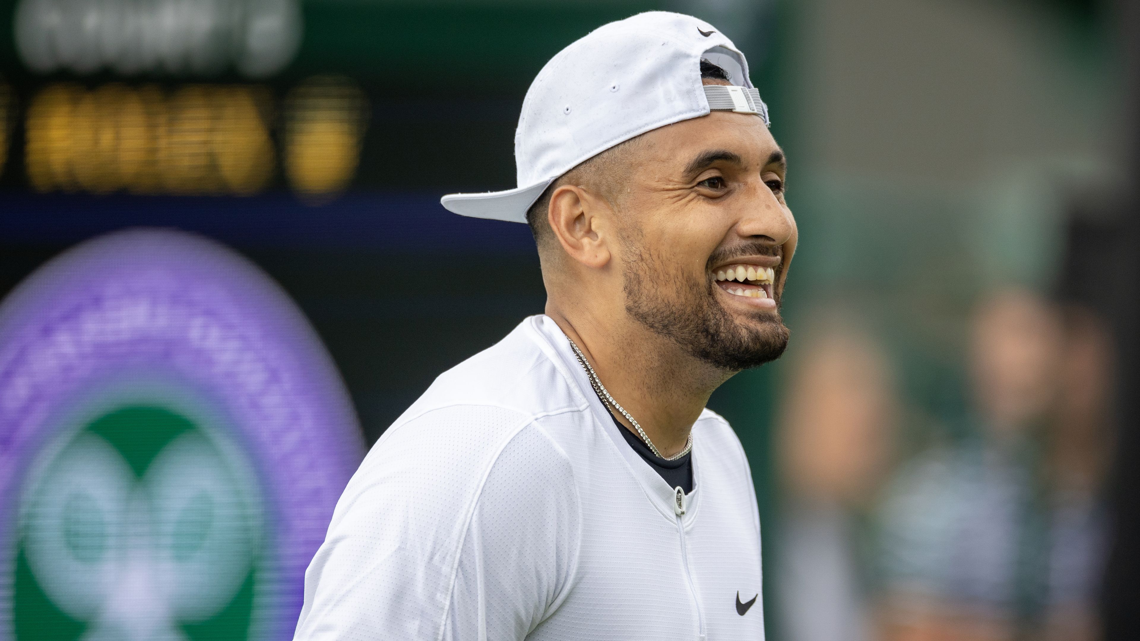 LONDON, ENGLAND - JULY 1.   Nick Kyrgios of Australia in a jovial mood during practice on the outside courts in preparation for the Wimbledon Lawn Tennis Championships at the All England Lawn Tennis and Croquet Club at Wimbledon on July 01, 2023, in London, England. (Photo by Tim Clayton/Corbis via Getty Images)