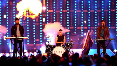 Stewart Brock, Callum Wiseman and Lewis Gardner of Prides perform during the Closing Ceremony for the Glasgow 2014 Commonwealth Games. (Getty)