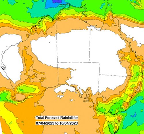 Meteoroloji Bürosu'nun 2023 Paskalya uzun hafta sonu için Avustralya genelinde dört günlük yağış tahmini.