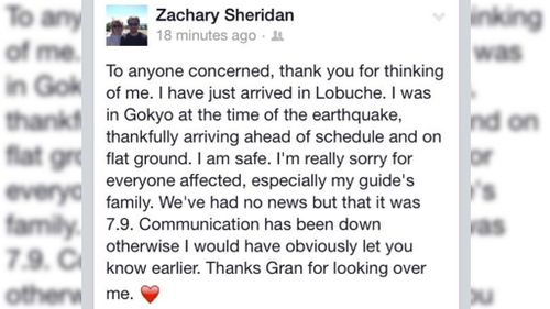 Zachary Sheridan has posted a message on Facebook to alert family and friends he is safe and well. (Supplied)