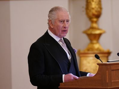 King Charles III speaks during a  presentation of loyal addresses by the privileged bodies, at a ceremony at Buckingham Palace in London. This long-held tradition dates back as far as the seventeenth century and takes place to mark significant royal occasions. Thursday March 9, 2023 