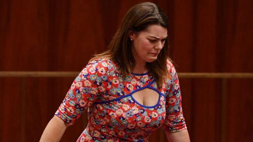 Sarah Hanson-Young reacts after Greens leader Richard Di Natale was suspended from the Senate.