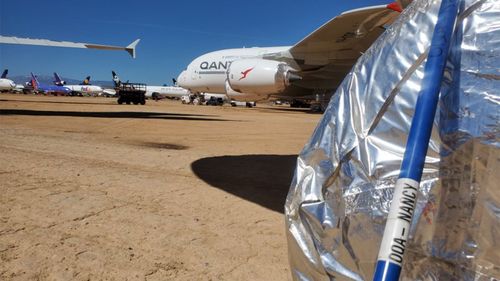 The wheels of a Qantas jet with its designated 'wheel whacker'.