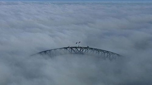 The Sydney Harbour Bridge is just visible above the fog. (9NEWS)