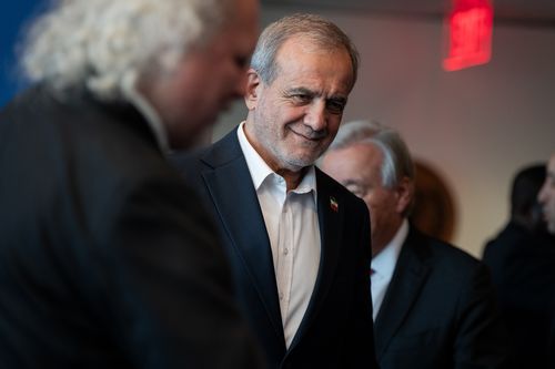 Masoud Pezeshkian, the President of Iran, enters a room for a photo opportunity during the United Nations General Assembly at United Nations headquarters, Thursday, Sept. 25, 2025.  