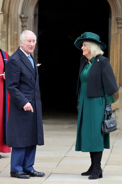 WINDSOR, ENGLAND - MARCH 31: King Charles III and Queen Camilla attend the Easter Mattins Service at Windsor Castle on March 31, 2024 in Windsor, England. (Photo by Chris Jackson/Getty Images)