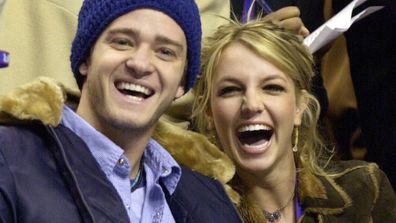 Justin Timberlake and Britney Spears appear at an NBA All-Star game in Philadelphia in 2002.