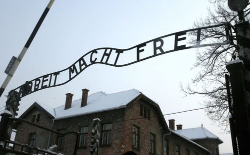 The infamous 'Arbeit Macht Frei' sign at the entrance to the Auschwitz death camp. The wrought iron sign's words mean 'Work Sets You Free.