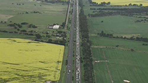 Long line of cars with traffic from the Little River checkpoint banked up almost to Werribee. September 12, 2020.