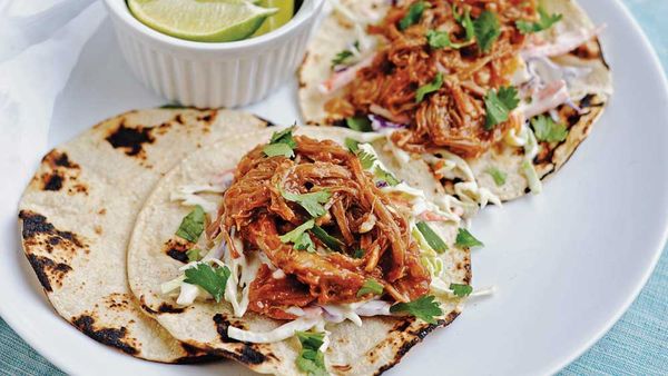 Barbecue pork tacos with honey-mustard slaw
