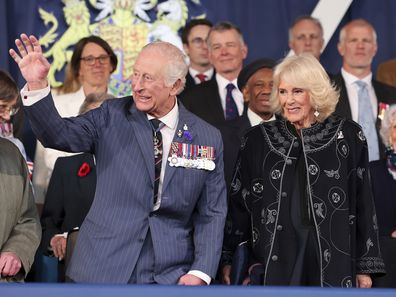 King Charles III and Queen Camilla attend a concert to mark the 80th Anniversary of VE Day at Horse Guards Parade, London, May 8, 2025. 