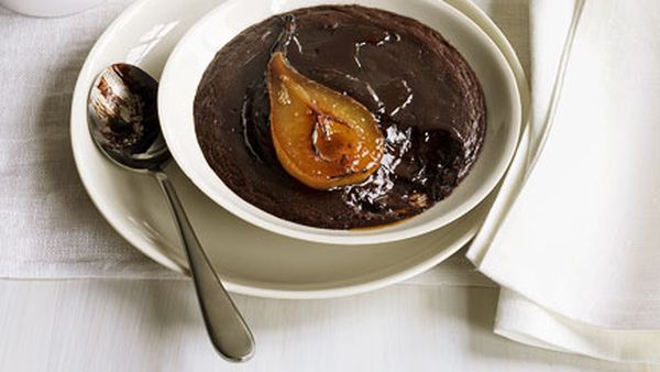 Baked chocolate cream with ginger-poached pears