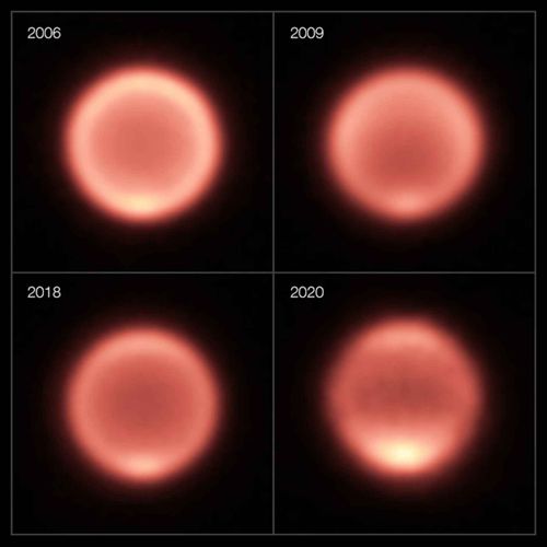 Growing brightness can be seen at Neptune's south pole between 2018 and 2020, indicating a warming trend.