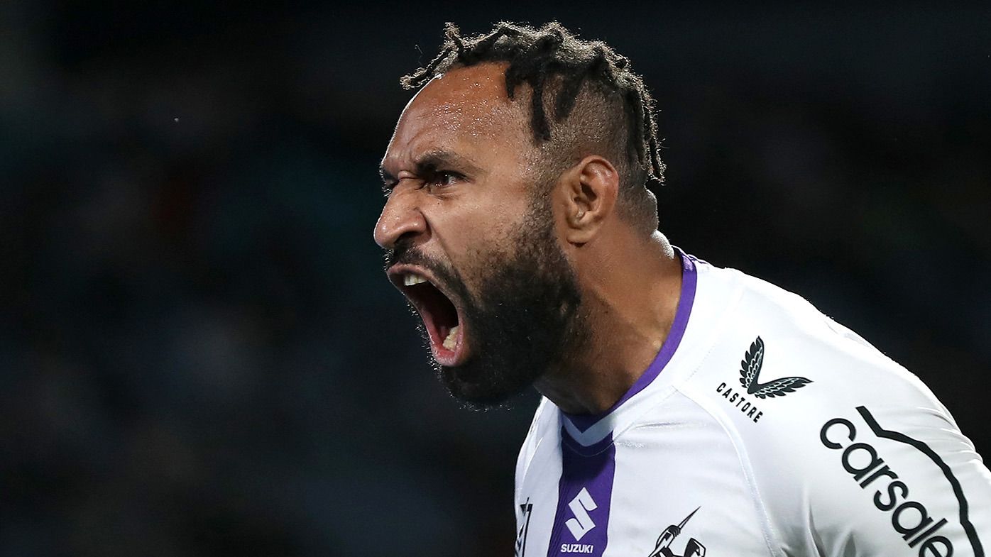  Justin Olam of the Storm celebrates with team mates after scoring a try during the NRL Preliminary Final match between the Penrith Panthers and Melbourne Storm at Accor Stadium on September 22, 2023 in Sydney, Australia. (Photo by Brendon Thorne/Getty Images)