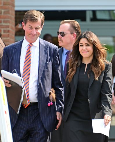 Johnny Depp lawyers Benjamin Chew and Camille Vasquez make statements outside the Fairfax County Courthouse on June 1, 2022 in Fairfax, Virginia. 