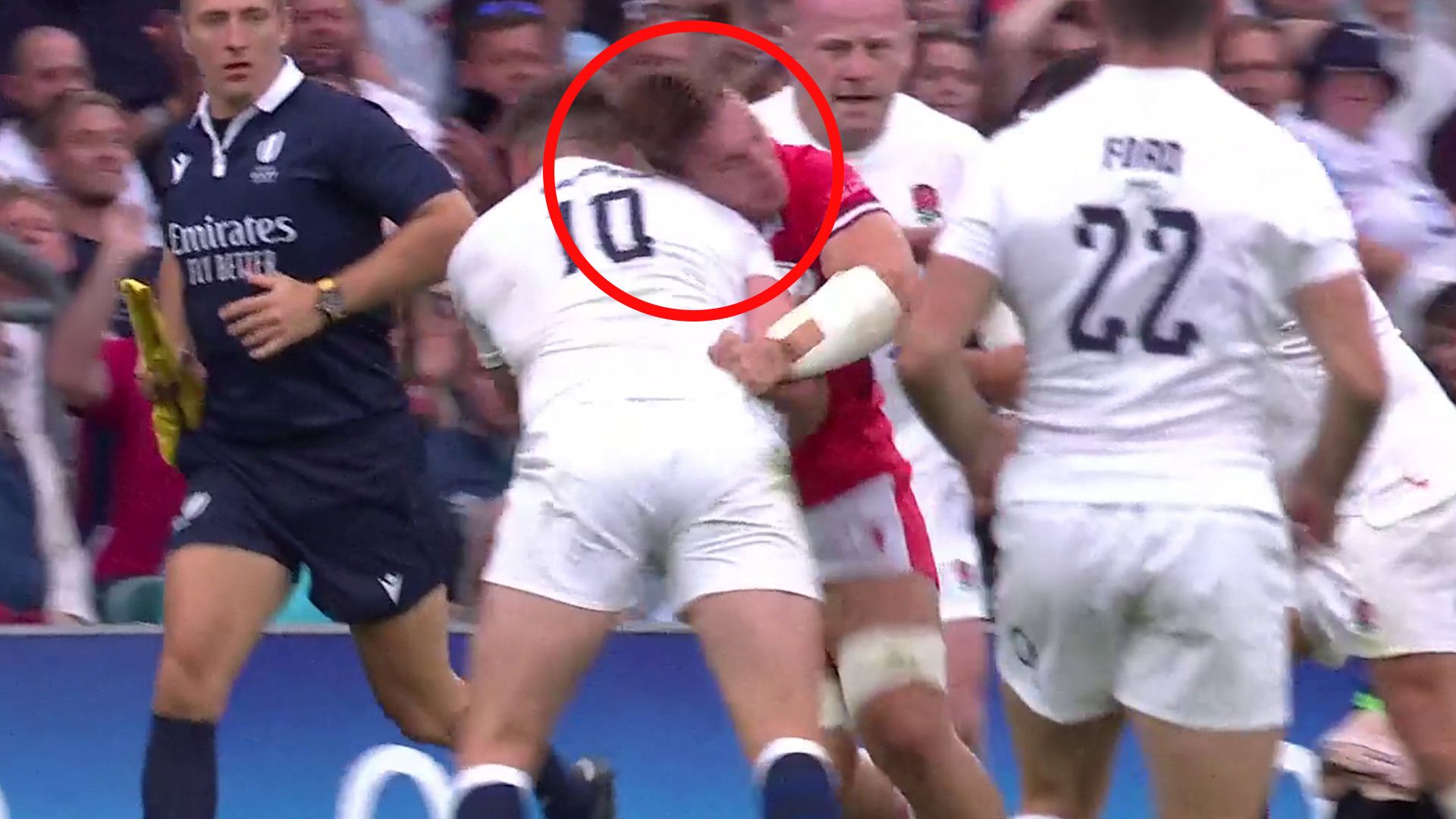 The shoulder of England captain Owen Farrell clatters into Wales flanker Taine Bashman&#x27;s head.