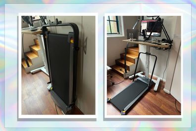 Desk treadmill stored beside a desk and displayed underneath a desk.