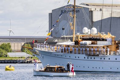 COPENHAGEN, DENMARK - MAY 7: King Frederik X of Denmark and Queen Mary of Denmark arrive at Nordre Toldbod and sail by chalup to board the Royal Ship Dannebrog on May 7, 2025 in Copenhagen, Denmark. (Photo by Martin Sylvest Andersen/Getty Images)