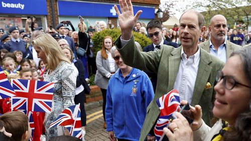 Prince Edward and Sophie, Duchess of Edinburgh arrive to attend a Big Lunch with residents and representatives from the Royal British Legion, the Scouts and the Guides, in Cranleigh Village Hall.