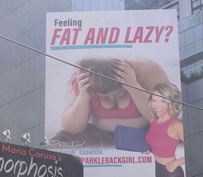 Fat and lazy billboard Jameela Jamil Instagram sign