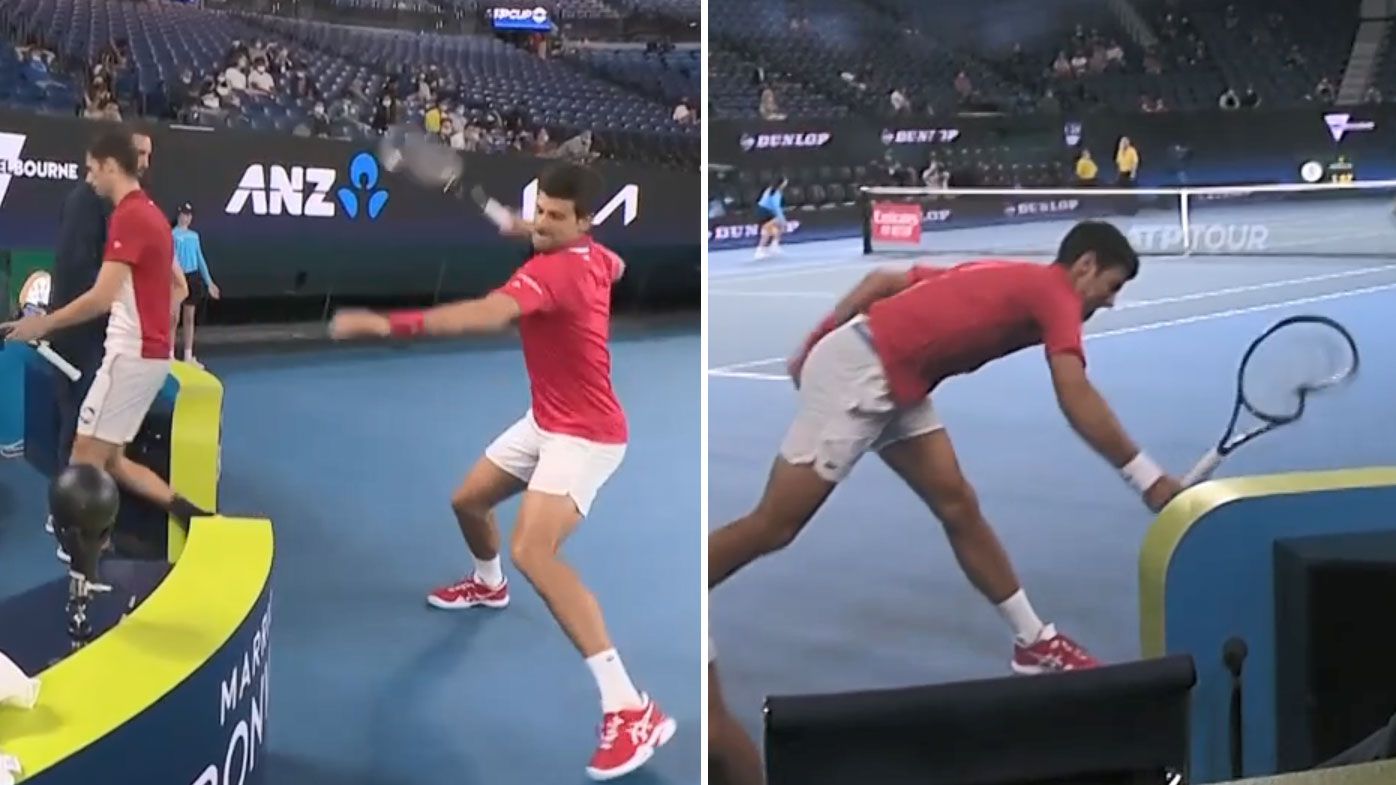 Novak Djokovic smashes his racquet as Serbia crash out of the ATP Cup