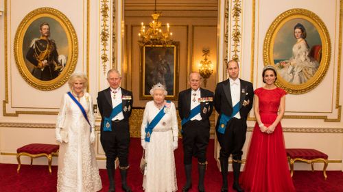 The Duchess of Cornwall, the Prince of Wales, Queen Elizabeth II, the Duke of Edinburgh, and Duke and Duchess of Cambridge. Picture: AAP