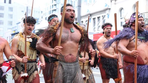 Hikoi members leave Waitangi Park and walk through the streets towards Parliament on November 19, 2024 in Wellington, New Zealand.