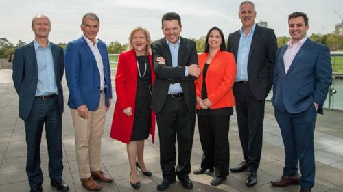 Nick Xenophon with his first six SA Best candidates. Rhys Adams is pictured far right.