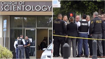 A sword wielding man has been shot in the head at the entrance to the Church of Scientology in Inglewood, California.