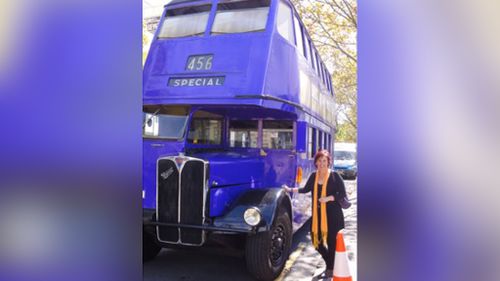 Christine Cole, a Harry Potter fan herself, with the Knight Bus. (Christine Cole)