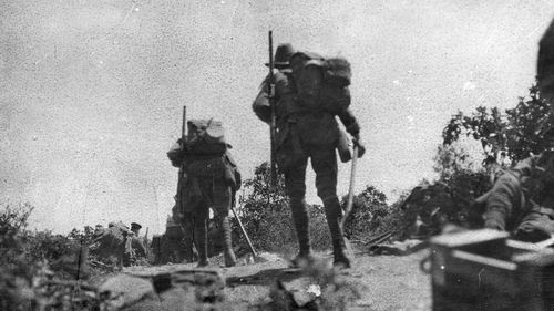 Australian troops going into action across Plugge's Plateau on the Gallipoli Peninsula on April 25, 1915.