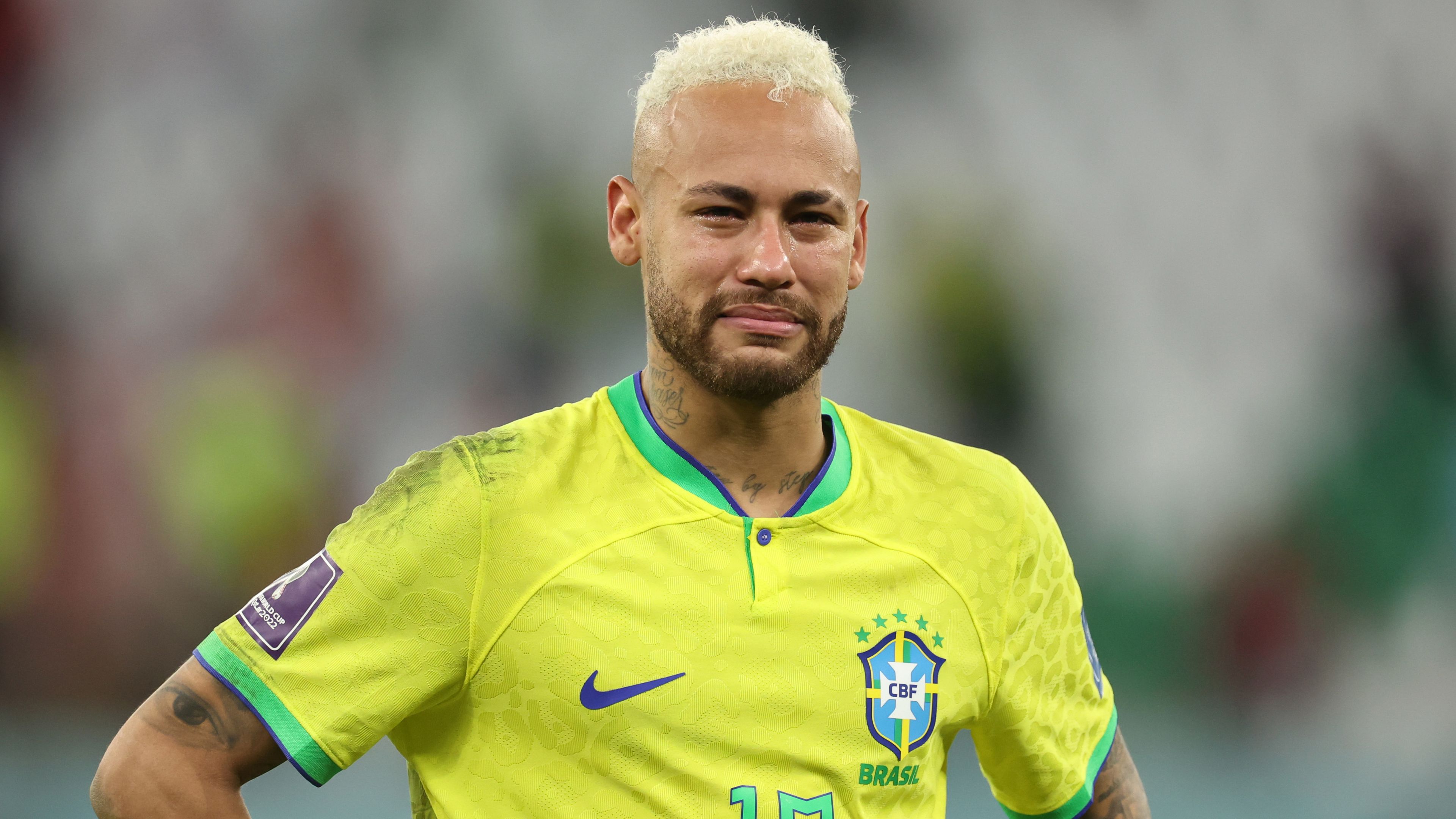 An emotional Neymar of Brazil crying after losing on penalties and being eliminated during the FIFA World Cup Qatar 2022 quarter final match between Croatia and Brazil at Education City Stadium on December 9, 2022 in Al Rayyan, Qatar. (Photo by Matthew Ashton - AMA/Getty Images)
