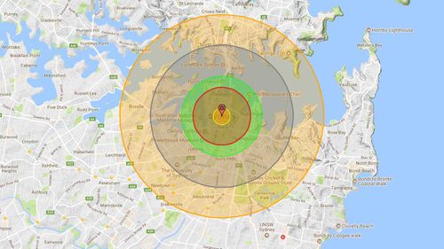 The projected impact of a nuclear bomb on Sydney's CBD. The smallest circle represents a fireball created by the blast. The red circle shows the inner air blast radius. The green circle depicts the almost definitely fatal radiation zone. The grey circle shows the outside air blast radius, and the yellow circle shows those in the thermal radiation zone. (Nukemap)