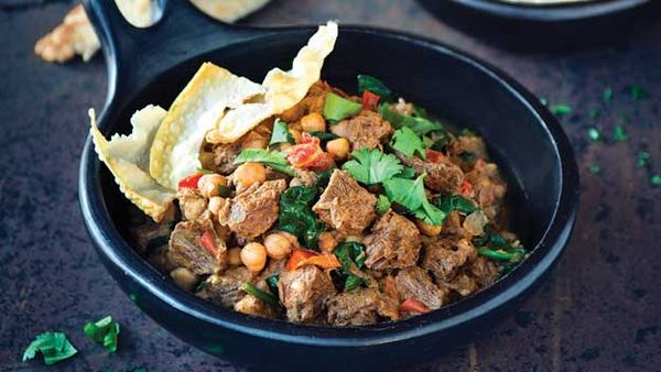 Kangaroo rogan josh with spinach, poppadoms, saffron rice and raita