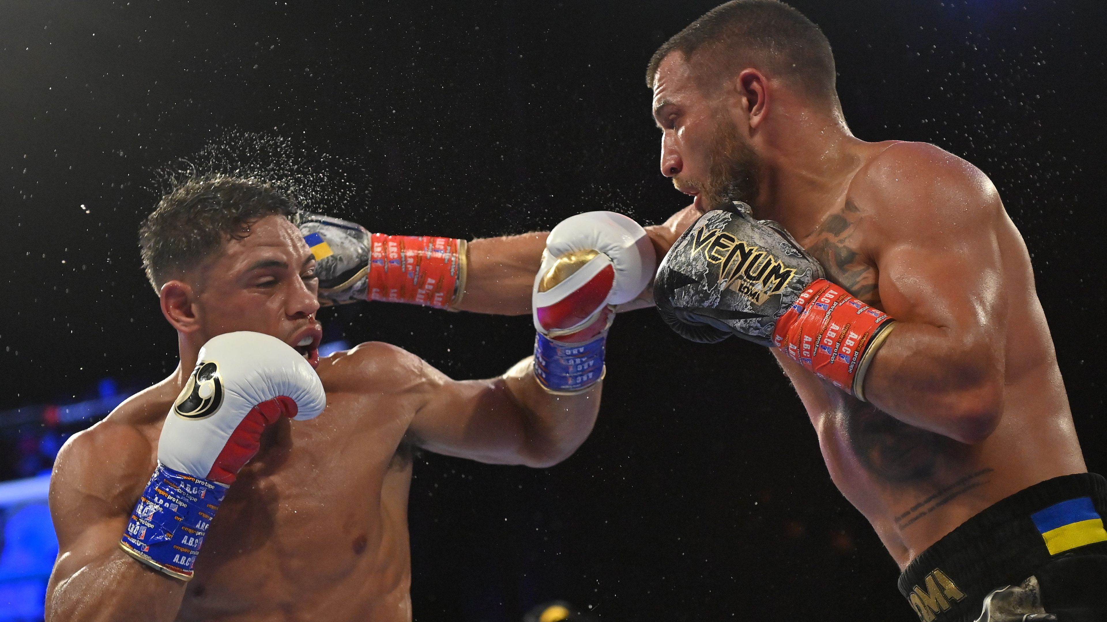 Vasyl Lomachenko (red tape) takes on Jamaine Ortiz (blue tape) in a NABF Lightweight Title bout for Top Rank Boxing on October 29, 2022 at the Hulu Theater at Madison Square garden in New York, NY. (Photo by Williams Paul/Icon Sportswire via Getty Images)