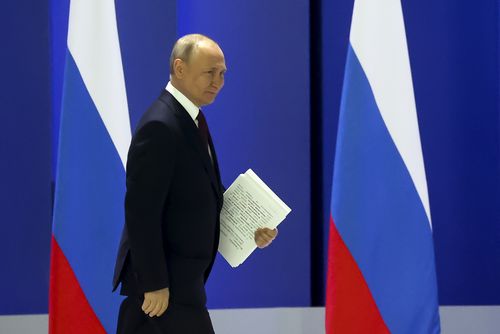 Le président russe Vladimir Poutine arrive pour prononcer son discours annuel sur l'état de la nation à Moscou, en Russie, le mardi 21 février 2023