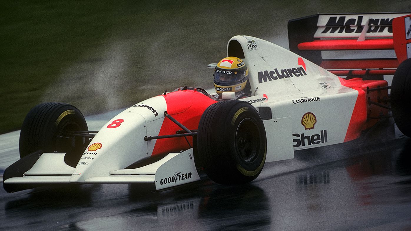 Ayrton Senna on the way to victory at the 1993 European Grand Prix.
