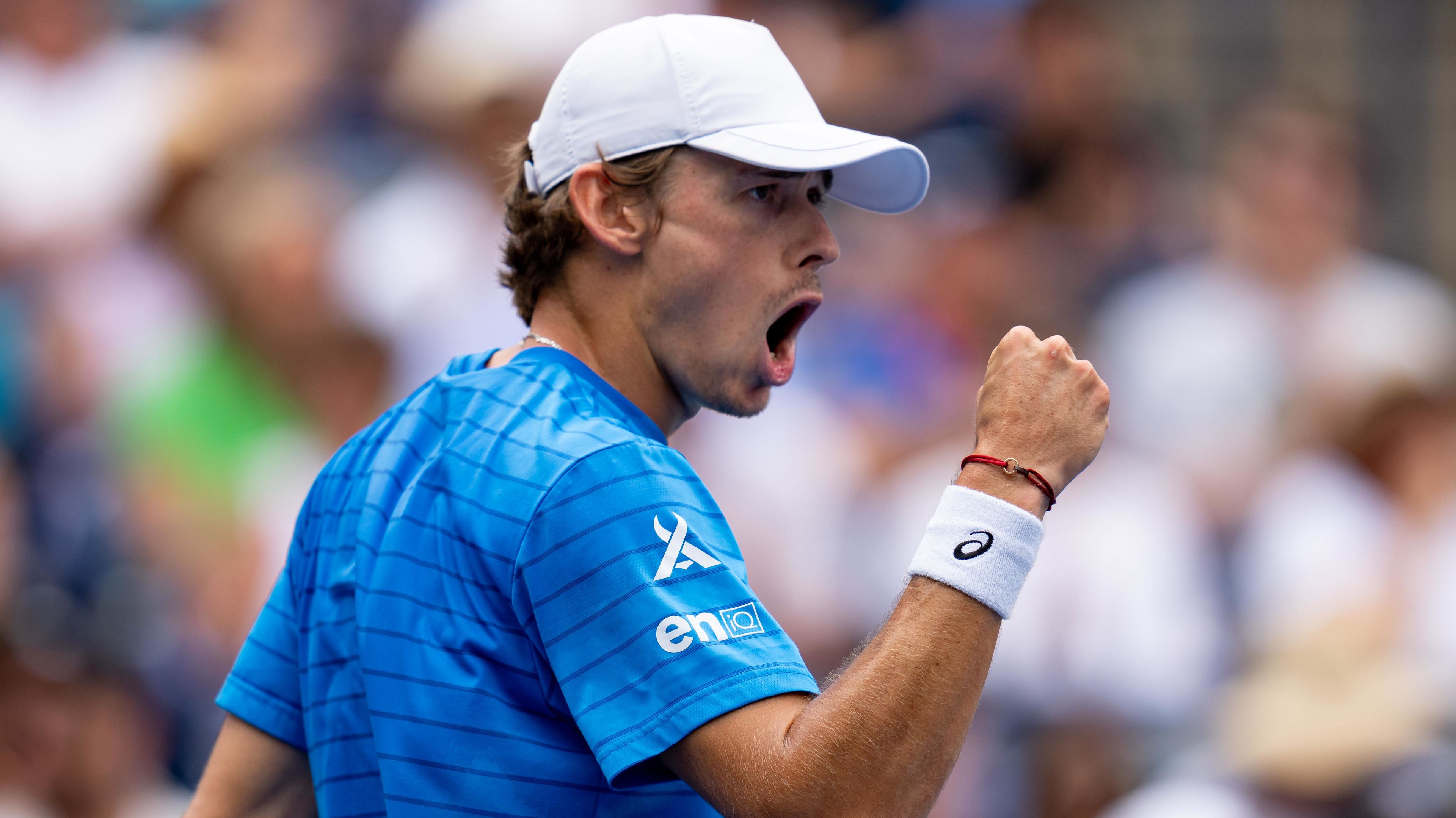 TORONTO, ON - AUGUST 13: Alex de Minaur of Australia celebrates after winning a point during final game of the National Bank Open, part of the Hologic ATP Tour, at Sobeys Stadium on August 13, 2023 in Toronto, Canada. (Photo by Julian Avram/Icon Sportswire via Getty Images)