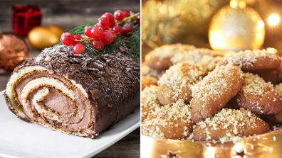 Traditional French Buche de Noel (yule log) and Greek Melomakarona biscuits