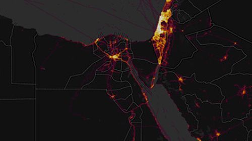 The fitness tracker heat map stands out in the Middle East compared with Western nation. (Image: Strava).