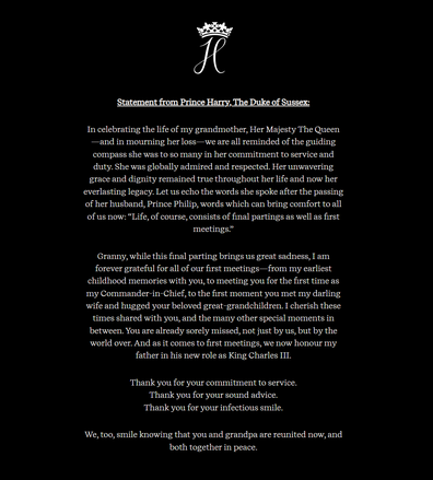 Il principe Harry dice addio alla regina sul sito web di Archewell.