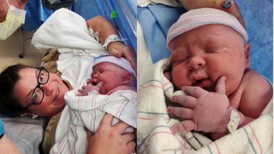6.37 kg baby in his mothers arms after delivery (left) and swaddled in a blanket (right)