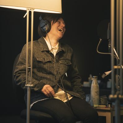 Yael Stone recording Winding Road podcast.