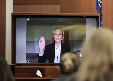 Model Kate Moss, a former girlfriend of actor Johnny Depp, testifies via video link at the Fairfax County Circuit Courthouse in Fairfax, Va., Wednesday, May 25, 2022.
