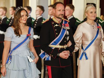 From left, Norway's Princess Ingrid Alexandra, left, Crown Prince Haakon and Crown Princess Mette-Marit on their way to a gala dinner at the Palace in connection with the state visit of the Icelandic presidential couple, in Oslo, Tuesday, April 8, 2025. (Fredrik Varfjell/NTB via AP)