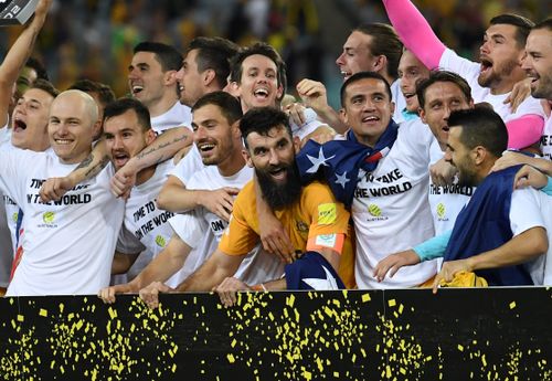 Australia team captain Mile Jedinak gestures to the crowd after winning. (AAP)