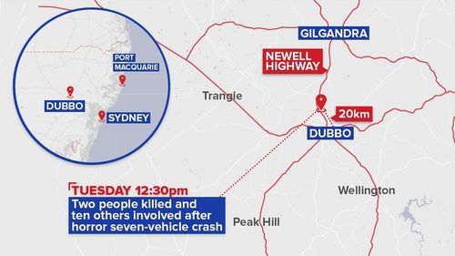 Two people died and 10 were injured in the Dubbo crash. (9NEWS)