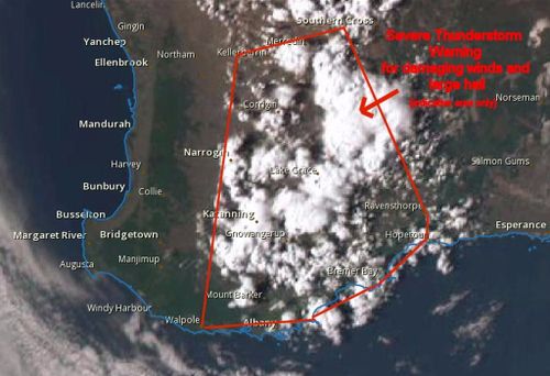 Severe thunderstorm warning for damaging winds and large hail issued for southern parts of WA